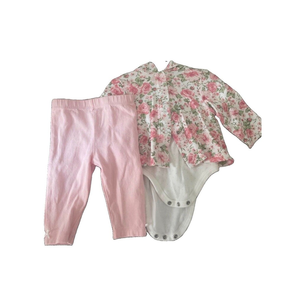 Little Me Girls 3pc Pants Set 6 9M Floral Long Sleeve Bodysuit Pink Pants Jacket